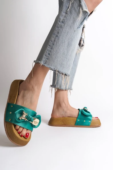 JET-DILA Kalın ve Ortopedik Taban Ayıcıklı Saten Kadın Terlik  SKT - Yeşil - Resim 2