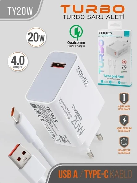 Tonex 20W 4.0A Usb To Type-C Turbo Şarj Başlığı+Kablolu Şarj Aleti - TY20W - 2