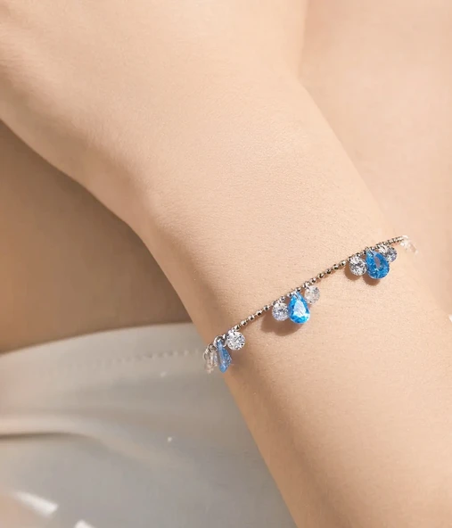 925 Ayar Sallantılı Damla Aquamarin Taşlı Kadın Gümüş Bileklik - Resim 2