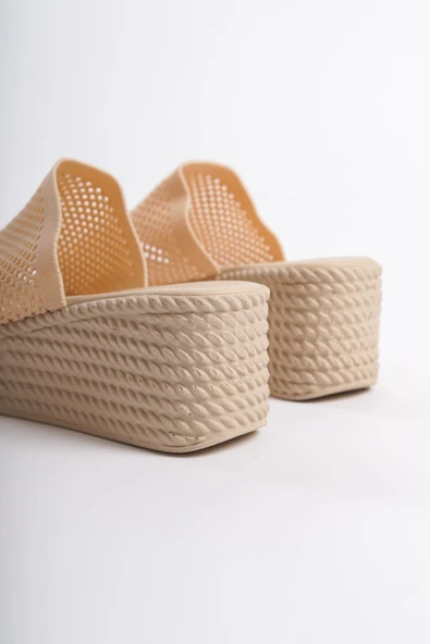 JET-MARLA Dolgu Topuklu Ortopedik Taban Hasır Görünümlü Triko Kadın Terlik  TKT - Ten - Resim 5