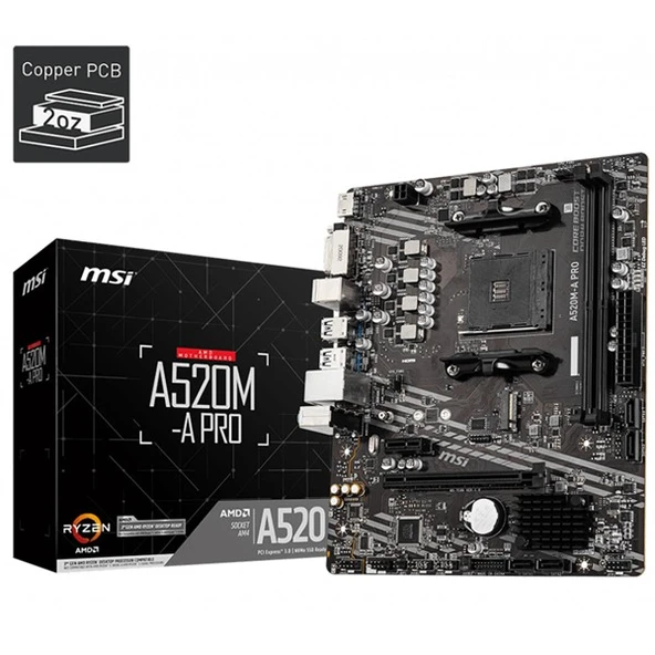 MSI A520M-A PRO DDR4 M2 PCIe NVME HDMI DVI PCIe 16X v3.0 AM4 mATX - 2