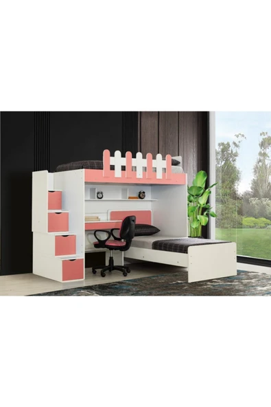 Güven Mobilya Kiwi Okyanus 90*190 Beyaz / Pembe Karyolalı Çalışma Masalı Ranza Takım - 4