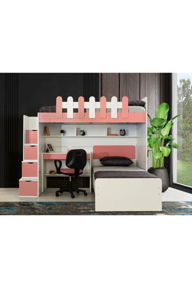 Güven Mobilya Kiwi Okyanus 90*190 Beyaz / Pembe Karyolalı Çalışma Masalı Ranza Takım - 1