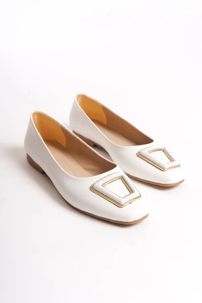 JET-KAYLEE Bağcıksız Ortopedik Rahat Taban Toka Detaylı Kadın Babet Ayakkabı CKT - Beyaz - Resim 10