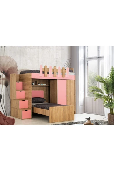 Güven Mobilya 90*190 Okyanus Ceviz / Pembe Karyola Dolap Kiwi Ranza - 4