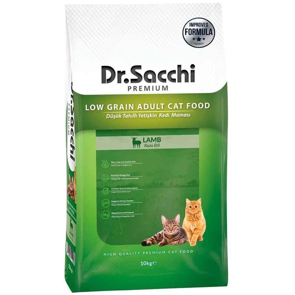 Dr.Sacchi Premium Düşük Tahıllı Adult Kuzu Etli Yetişkin Kedi Maması 10 Kg - 1