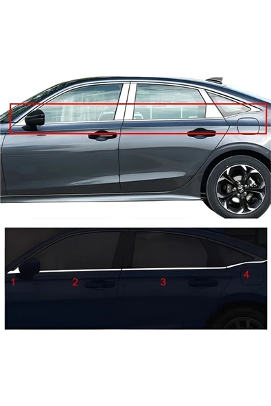 BRSPLAST  Honda Civic Uyumlu 2022 Ve Üzeri Krom Cam Çıtası 8 Parça Paslanmaz Çelik ürün görseli 1