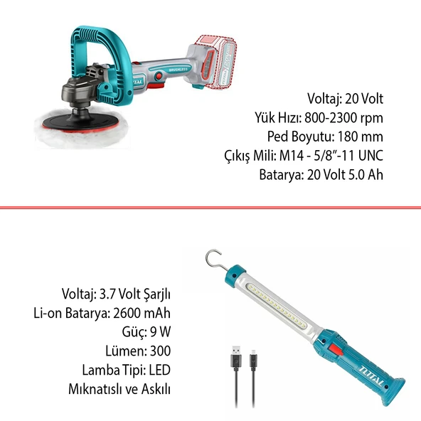 Total 4'lü Set 20 V 4.0 Ah Batarya Polisaj Makine Vidalama Somun Sökme Sıcak Hava Tabanca El Feneri - Resim 4