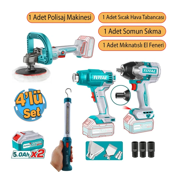 Total 4'lü Set 20 V 4.0 Ah Batarya Polisaj Makine Vidalama Somun Sökme Sıcak Hava Tabanca El Feneri - Resim 2