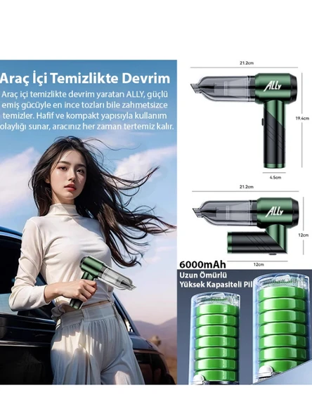 16000pa Güçlü Portatif 3 Kademeli Tasinabilir Vakumlu Kablosuz Üflemeli Mini Araç Süpürgesi - 3