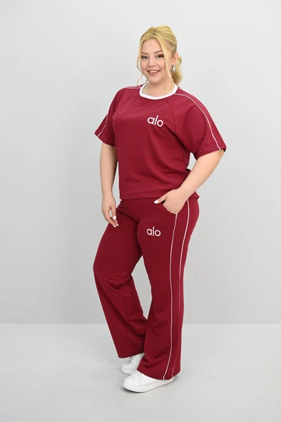 Kadın Büyük Beden Kısa Kollu Nakış İşleme Detaylı Bol Paça Eşofman Takımı 8191-25 - 11