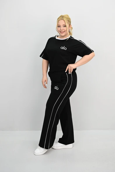 Kadın Büyük Beden Kısa Kollu Nakış İşleme Detaylı Bol Paça Eşofman Takımı 8191-25 - 5