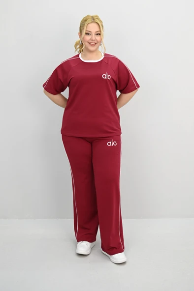 Kadın Büyük Beden Kısa Kollu Nakış İşleme Detaylı Bol Paça Eşofman Takımı 8191-25 - 10