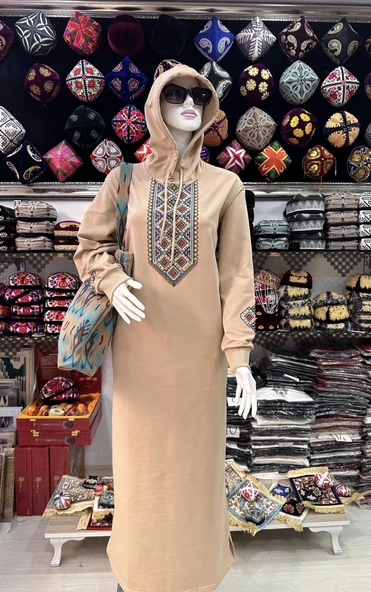 Uygur Kanaviçe Desenli Kapüşonlu Penye Kadın Tunik