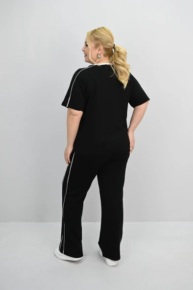 Kadın Büyük Beden Kısa Kollu Nakış İşleme Detaylı Bol Paça Eşofman Takımı 8191-25 - 6