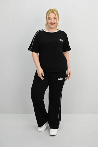 Kadın Büyük Beden Kısa Kollu Nakış İşleme Detaylı Bol Paça Eşofman Takımı 8191-25 - 3