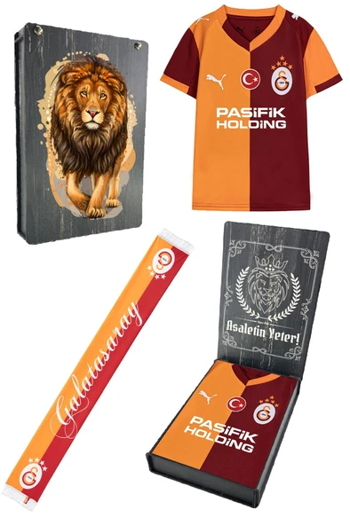 Galatasaray Orijinal Lisanslı 2025/26 Sarı Kırmızı Taraftar Çocuk Forma + Şal Kaşkol Set Aslan Baskılı Hediyelik Ahşap Kutulu