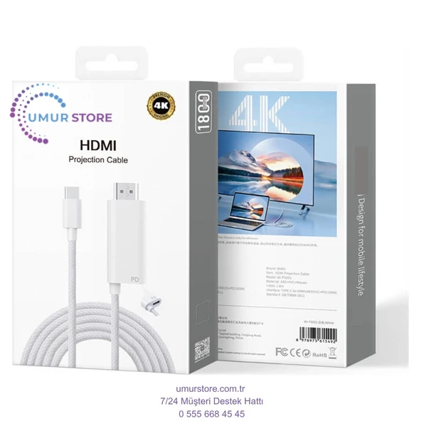 Type-C To HDMI (4K@60Hz) Kablo Wiwu WI-PS001 Pd Şarj ve Projeksiyon Kablosu 1.8m - 3