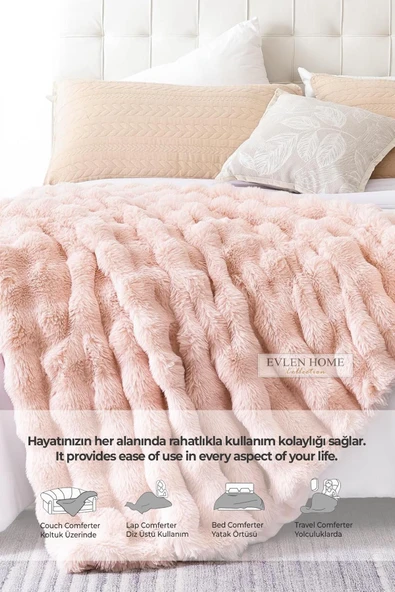 Kürk Yatak Örtüsü Çift Kişilik Dolgulu Peluş Yumuşak Çift Taraflı Yorgan 3 Parça Lory Kahve - 4