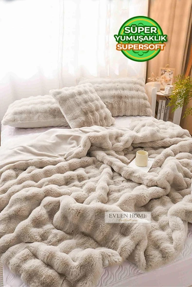 Kürk Yatak Örtüsü Çift Kişilik Dolgulu Peluş Yumuşak Çift Taraflı Yorgan 3 Parça Loria Kahve