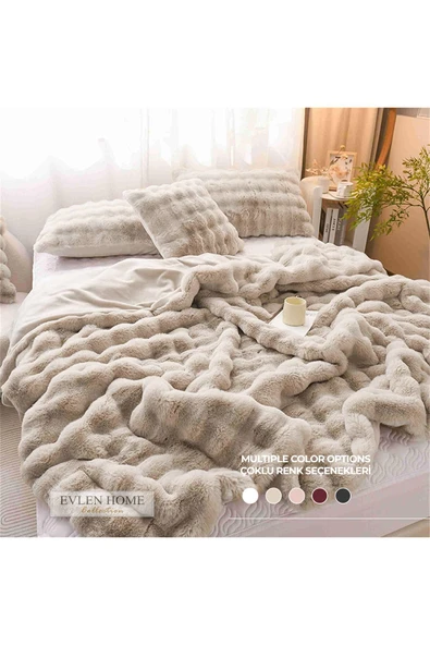 Kürk Yatak Örtüsü Çift Kişilik Dolgulu Peluş Yumuşak Çift Taraflı Yorgan 3 Parça Loria Kahve - 7