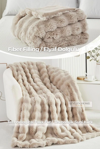 Kürk Yatak Örtüsü Çift Kişilik Dolgulu Peluş Yumuşak Çift Taraflı Yorgan 3 Parça Loria Kahve - 5