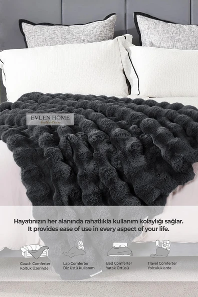 Kürk Yatak Örtüsü Çift Kişilik Dolgulu Peluş Yumuşak Çift Taraflı Yorgan 3 Parça Lory Kahve - 4