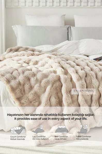 Kürk Yatak Örtüsü Çift Kişilik Dolgulu Peluş Yumuşak Çift Taraflı Yorgan 3 Parça Loria Kahve - 4