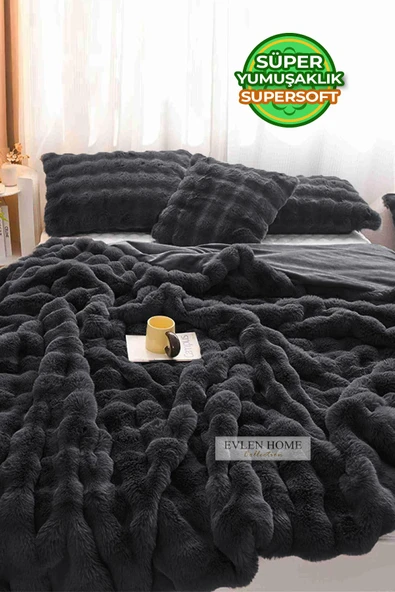 Kürk Yatak Örtüsü Çift Kişilik Dolgulu Peluş Yumuşak Çift Taraflı Yorgan 3 Parça Lory Kahve