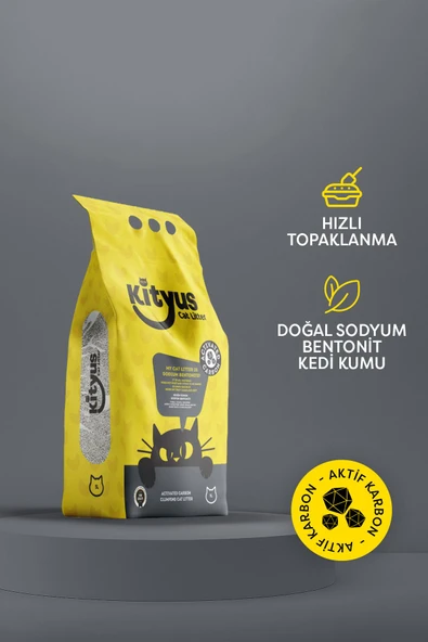 Kityus İnce Taneli, Tozsuz, Ekstra Aktif Karbonlu Bentonit Kedi Kumu 10Lt (10Kg) - 1