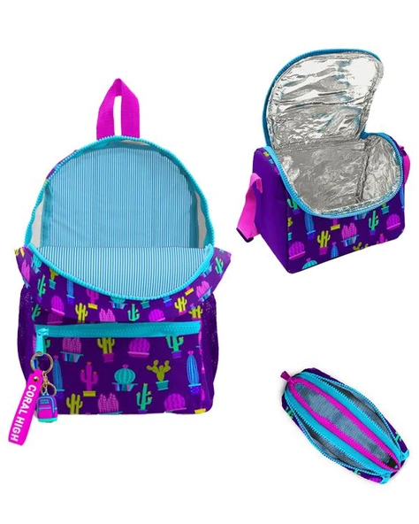 Coral High Kids Mor Pembe Kaktüs Desenli Desenli 3lü Okul Çanta Seti - 2