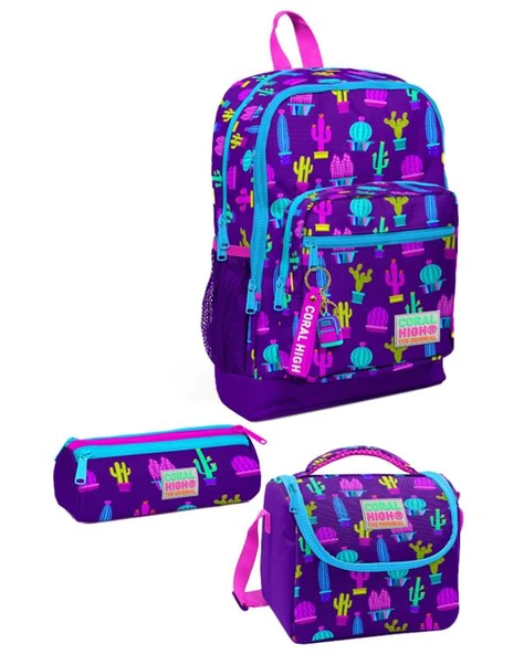 Coral High Kids Mor Pembe Kaktüs Desenli Desenli 3lü Okul Çanta Seti