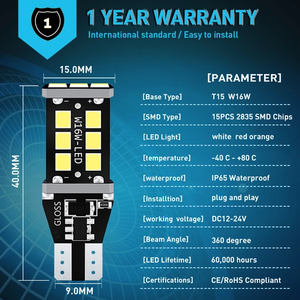 Space Led Ampul T15-15 SMD Canbuslı Beyaz 2'li Set 12V / LAAM631 - 3