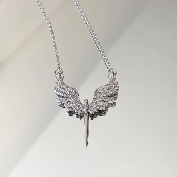 Mikail Meleği Taşlı Çelik Kolye Broş Set - Resim 2