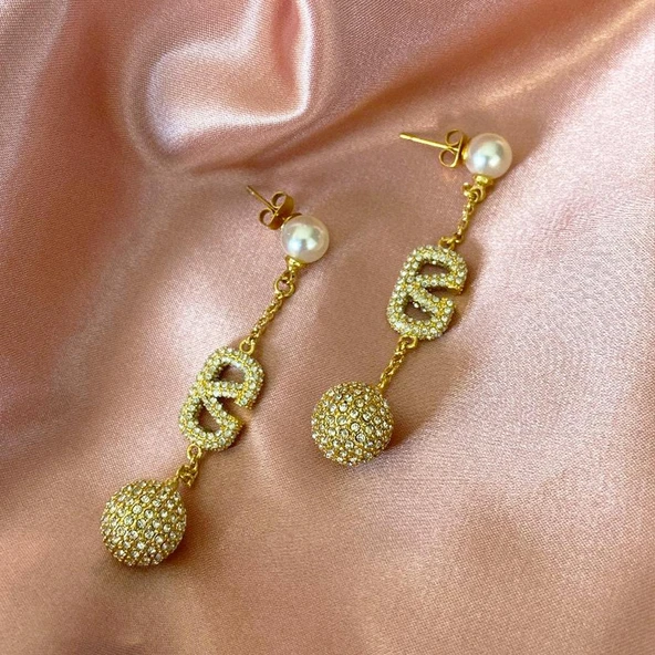 İnci Sallantılı Gold Çelik Küpe - Resim 3