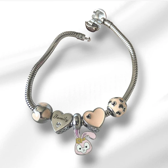 Rabbit Family Charm Çelik Bileklik - Resim 3