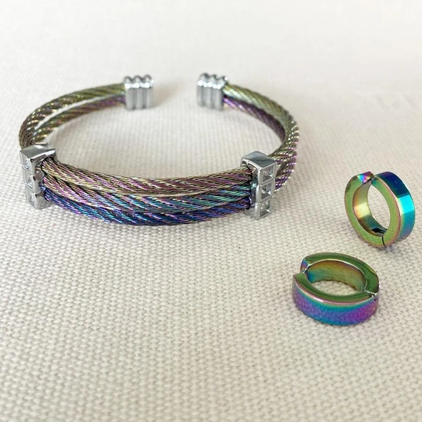 Renkli Hasır Çelik Kelepçe Küpe Set ürün görseli