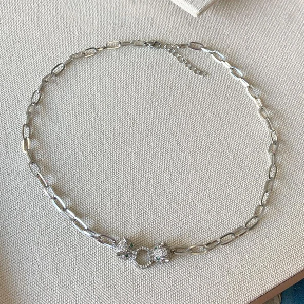 Kaplan Taşlı Trend İkili Çelik Kolye - Resim 3