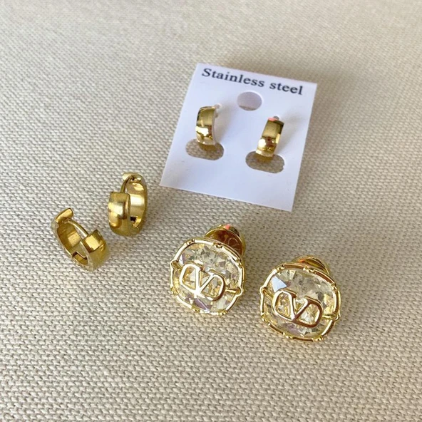 Taşlı Gold Halka Çelik Küpe Kombin ürün görseli 1