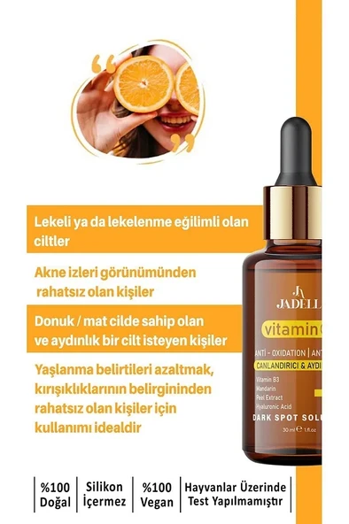JADELL Vitamin C Hyaluronic Acid Canlandırıcı Ton Eşitleyici Cilt, Yüz ve Vücut Aydınlatıcı Vegan Yaşlanma Karşıtı Serum 30 ml - 5