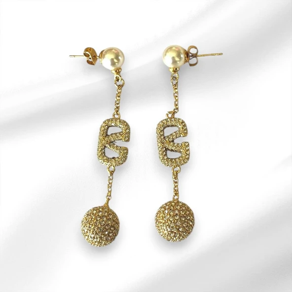 İnci Sallantılı Gold Çelik Küpe - Resim 2