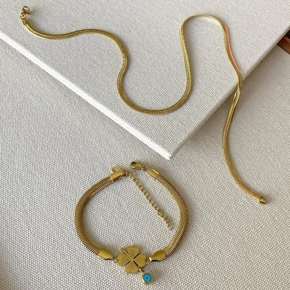 İtalyan Yonca Bileklik Kolye Çelik Set ürün görseli 1