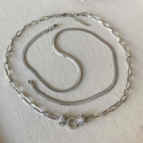 Kaplan Taşlı Trend İkili Çelik Kolye ürün görseli 1