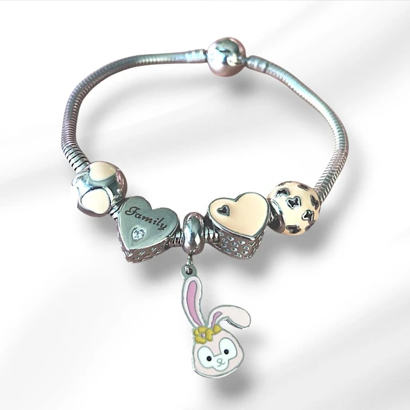 Rabbit Family Charm Çelik Bileklik - Resim 2