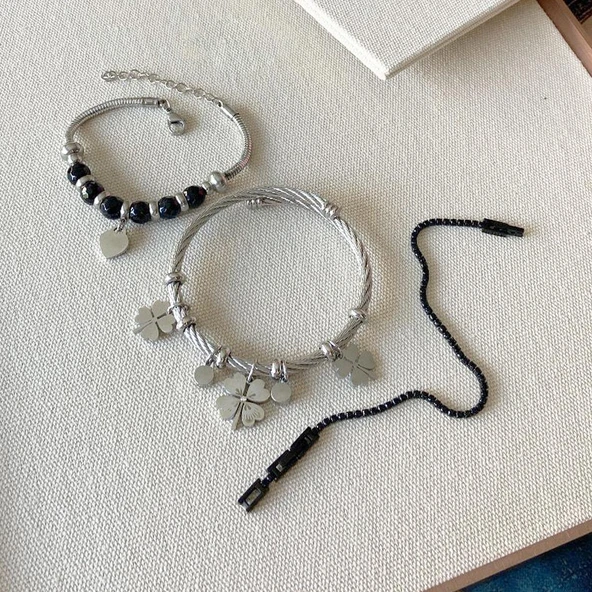 Yoncalı Kalpli 3'lü Çelik Bileklik Set - Resim 4