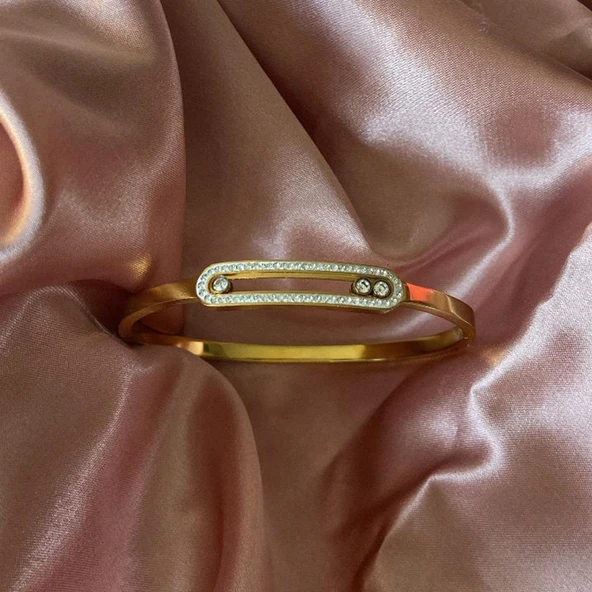 Hareketli Taşlı Gold Çelik Kelepçe - Resim 2