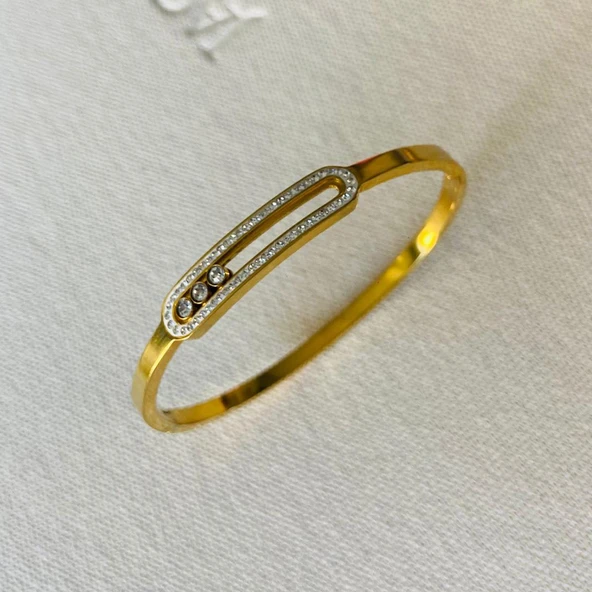 Hareketli Taşlı Gold Çelik Kelepçe - Resim 3