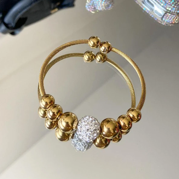 Taşlı Toplu İkili Çelik Bileklik - Resim 4