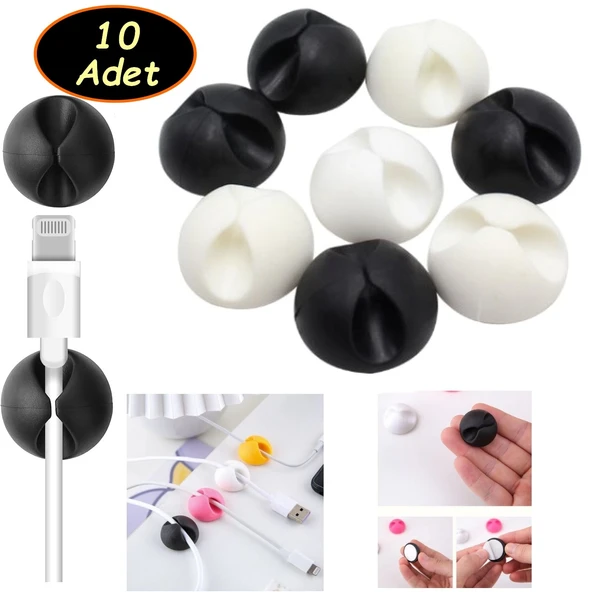 10 Adet Yapışkanlı Kablo Düzenleyici Kablo Tutucu Klips Kablo Sabitleme Siyah Beyaz Renk ürün görseli