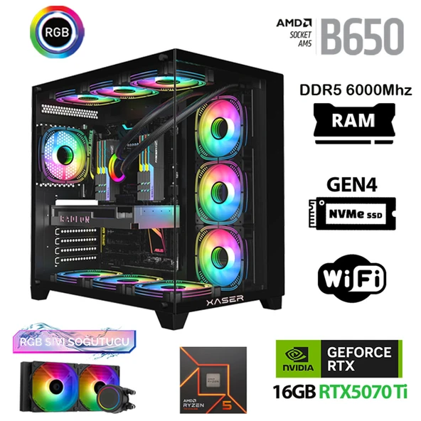 Xaser Velox x450 Ryzen 5 7600 32GB DDR5 Ram 1TB M.2 NVMe SSD 16GB RTX5070Ti Masaüstü Oyuncu Bilgisayarı ürün görseli
